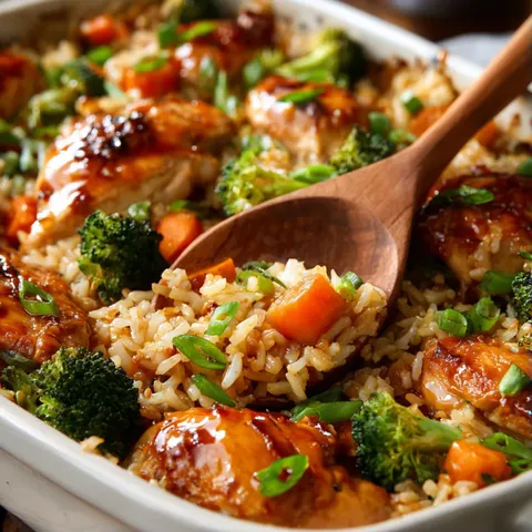 A dish of rice and meat with a wooden spoon.