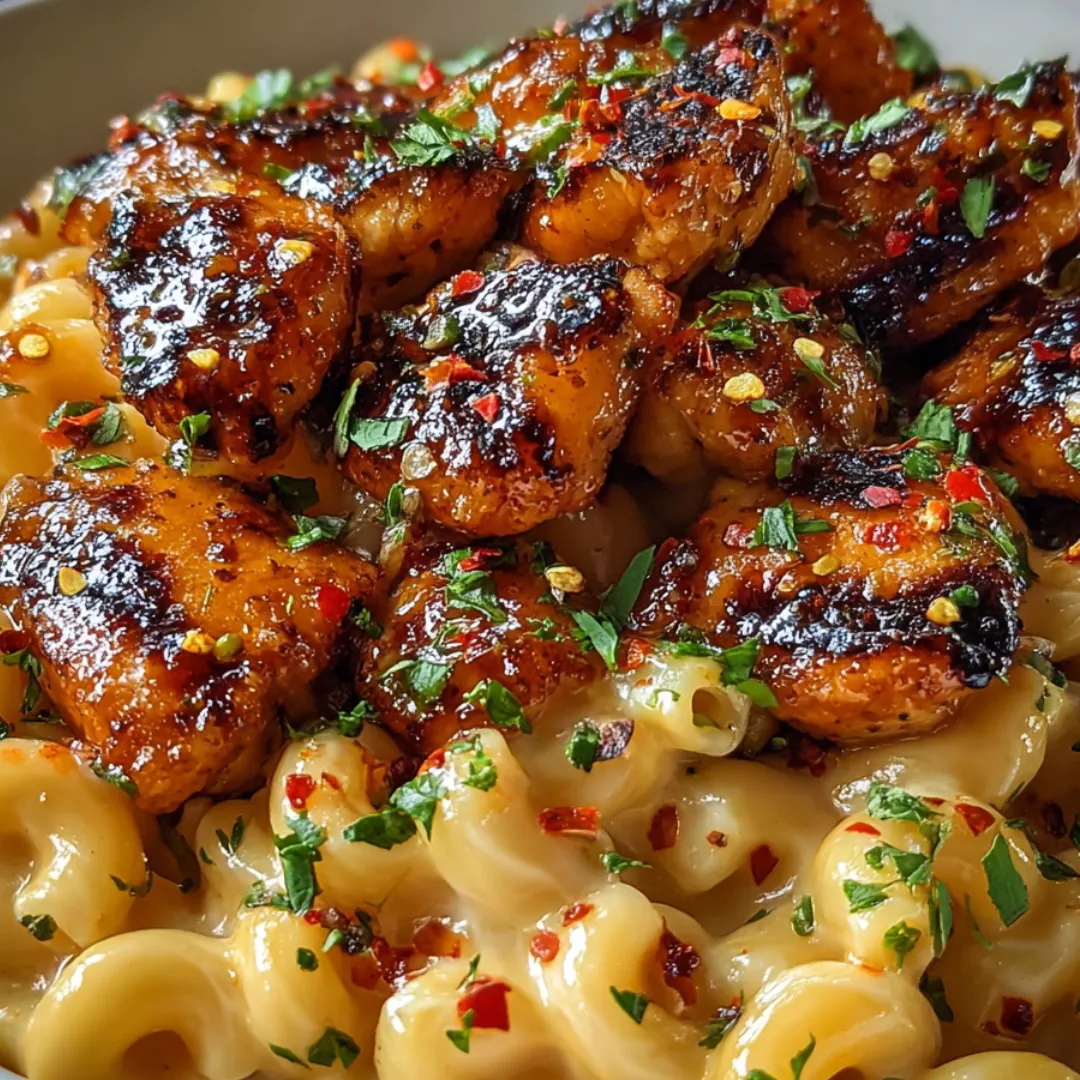 A plate of food with chicken, macaroni and cheese, and peppers.