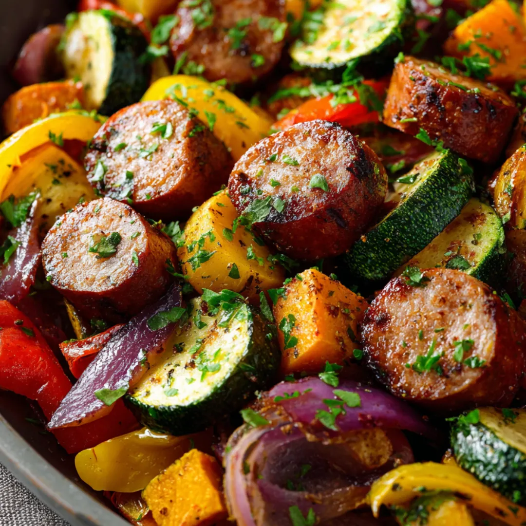 A bowl of food with sausage, zucchini, and peppers.