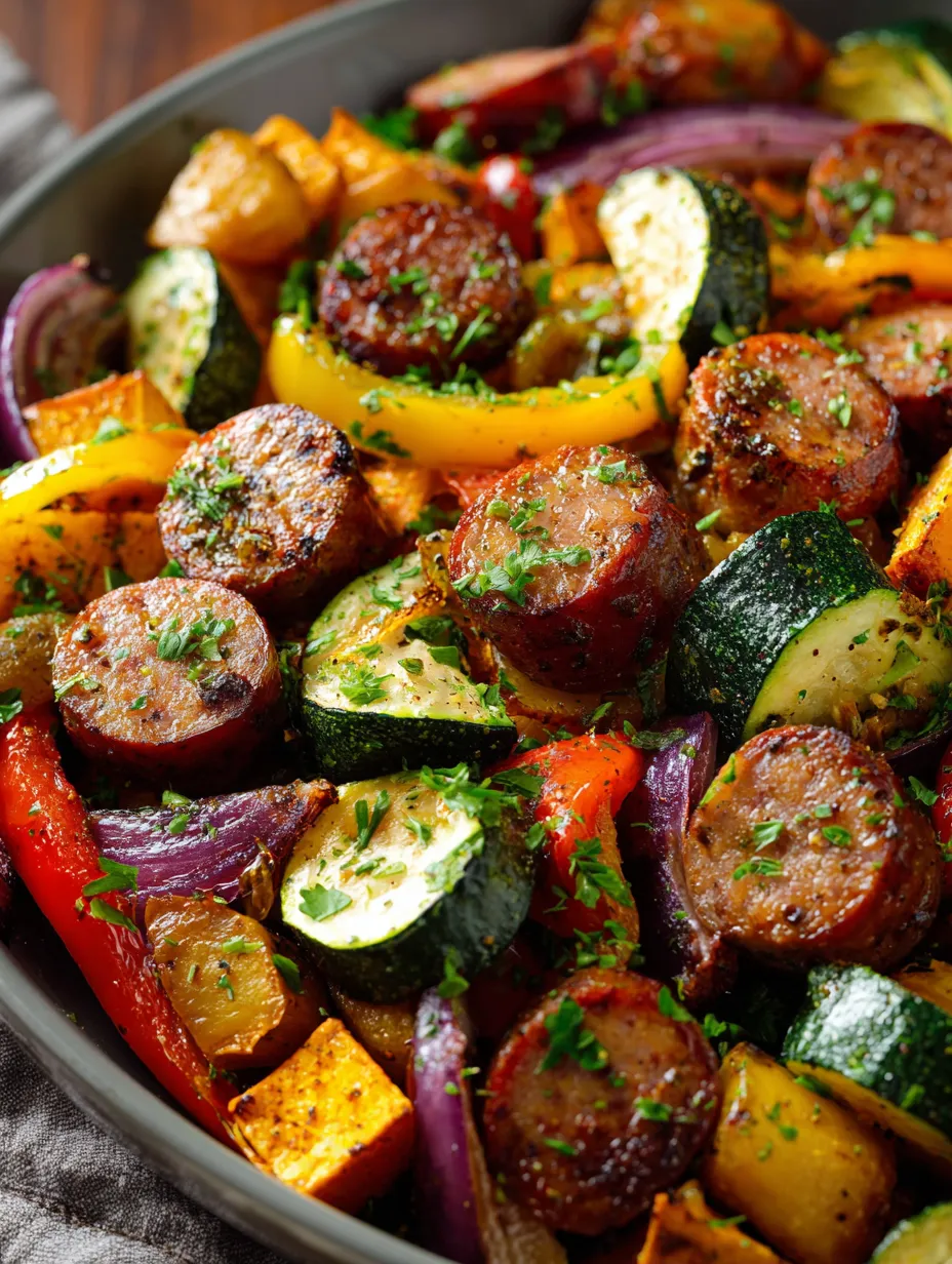 A bowl of food with sausage, peppers, and zucchini.