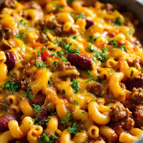 A bowl of macaroni and cheese with meat and vegetables.