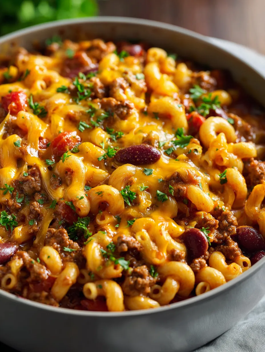 A bowl of chili with pasta and beans.