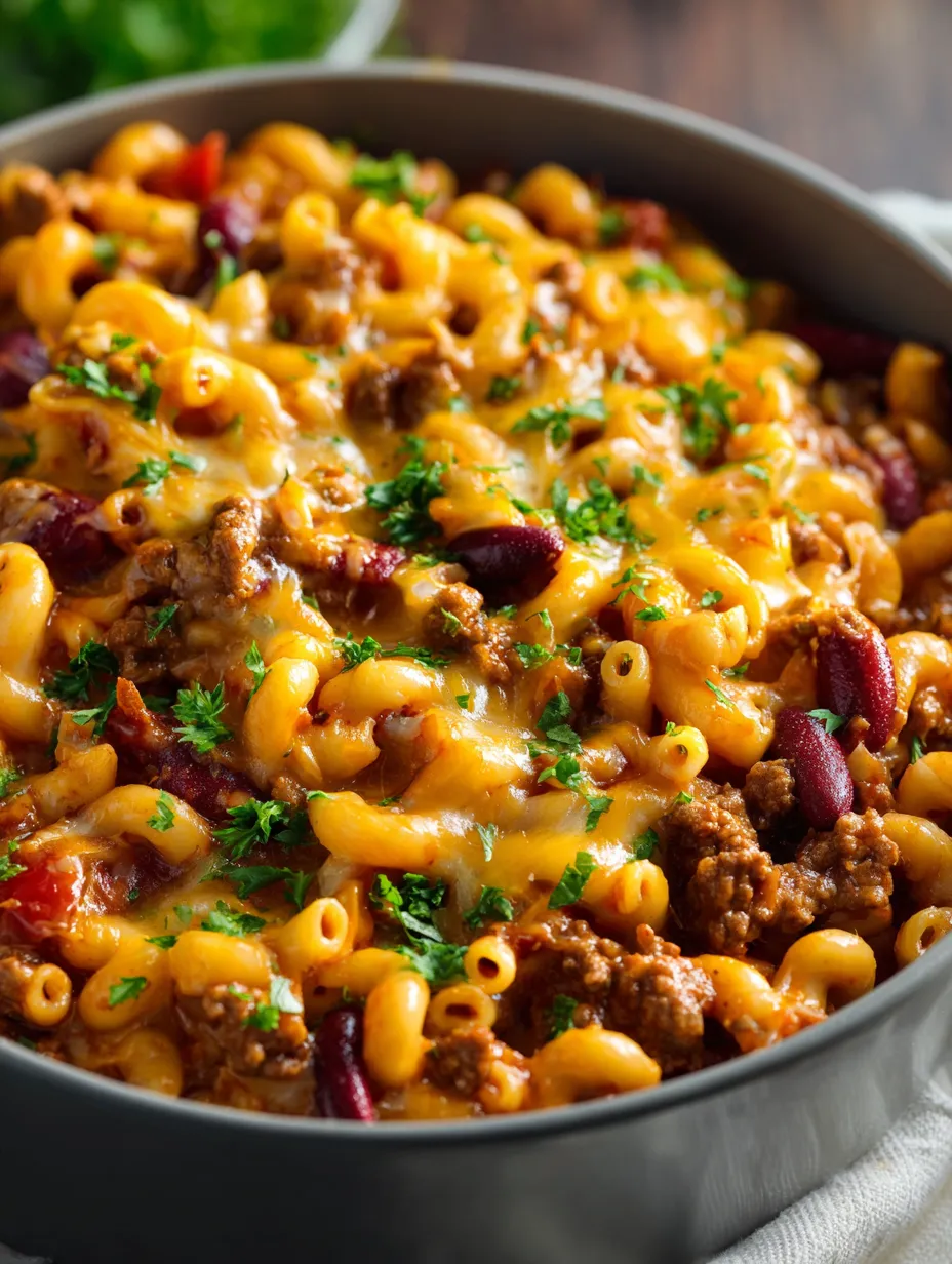 A bowl of macaroni and cheese with meat and vegetables.