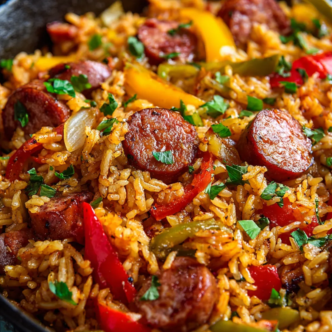 A bowl of rice with sausage and peppers.