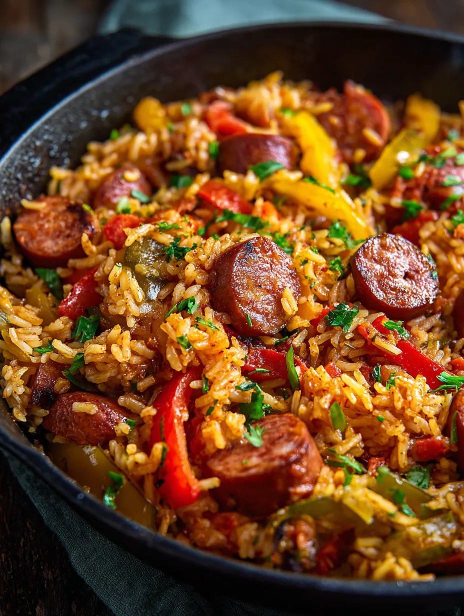 A bowl of rice with sausage and peppers.