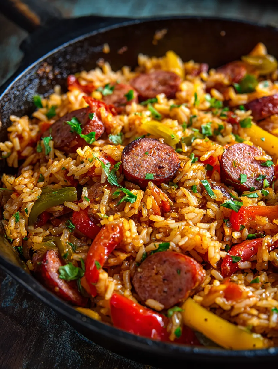 A bowl of rice with sausage and peppers.