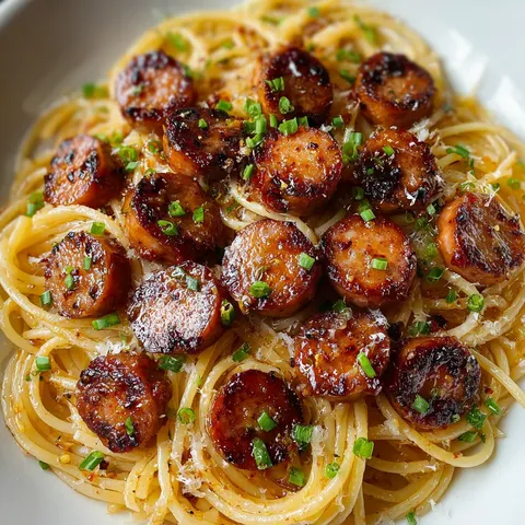 A plate of pasta with sausage and green onions.