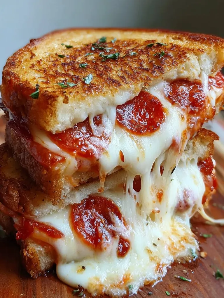 A stack of three grilled cheese sandwiches with pepperoni.