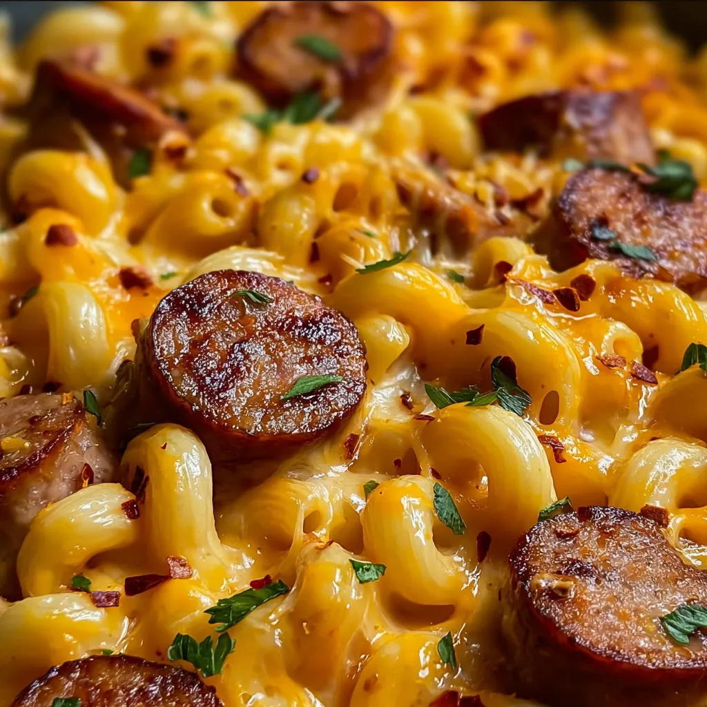 A plate of macaroni and sausage.