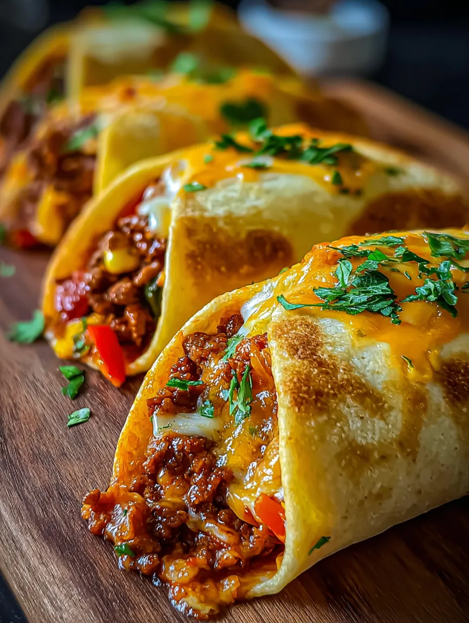 Three tacos on a wooden table.