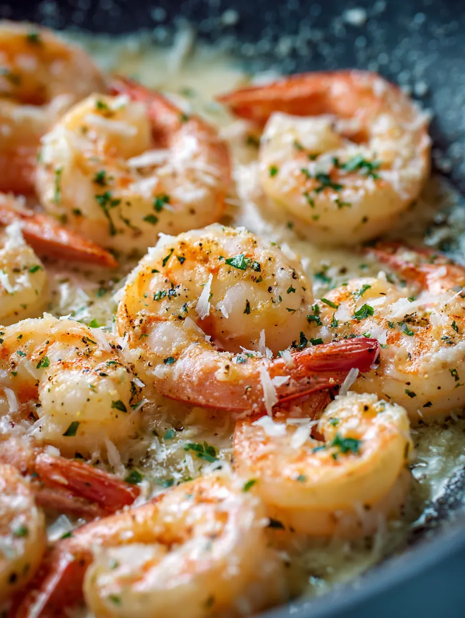 A plate of shrimp with cheese and herbs.