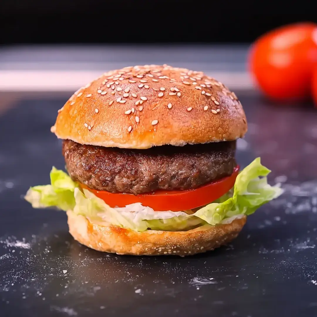 A burger with lettuce and tomato on a black table.