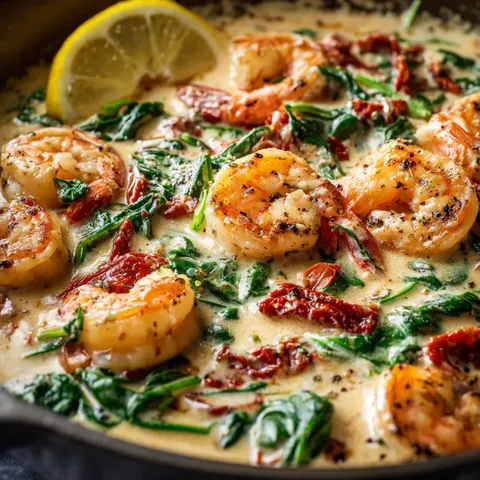 A bowl of shrimp and greens.