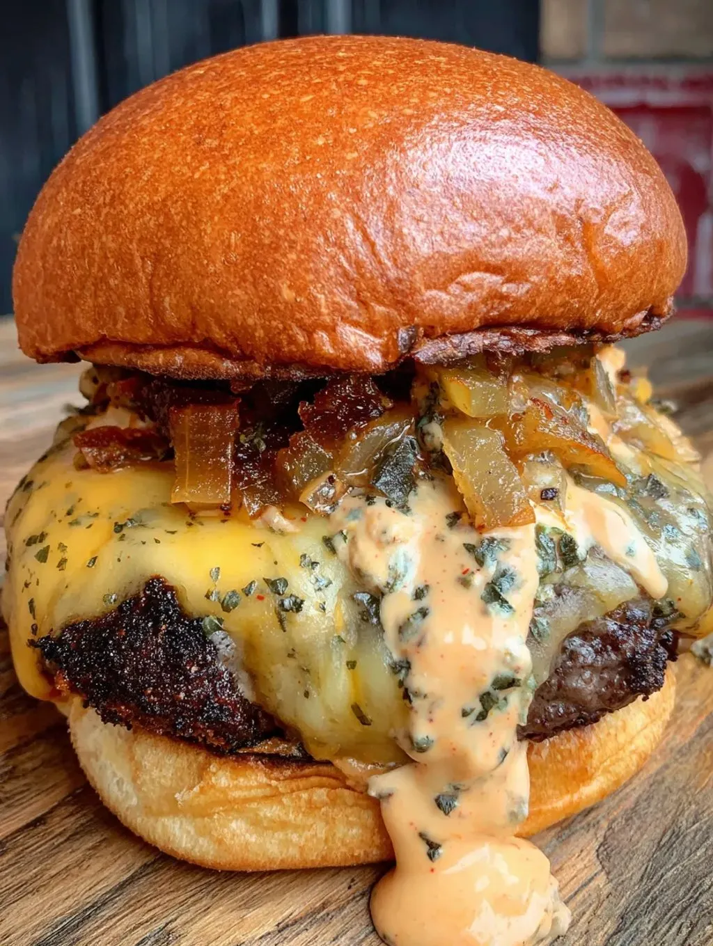 A burger with cheese, bacon, and onions.