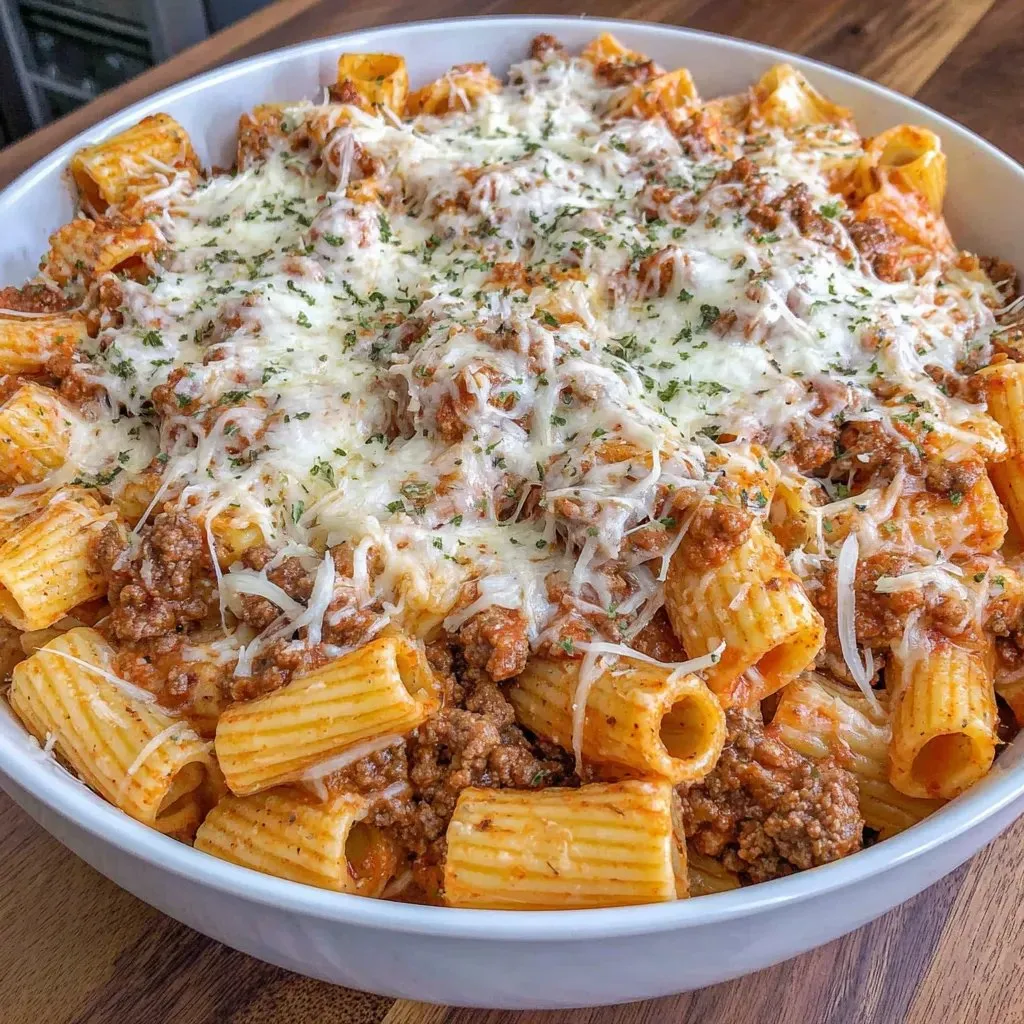 A bowl of pasta with meat and cheese.
