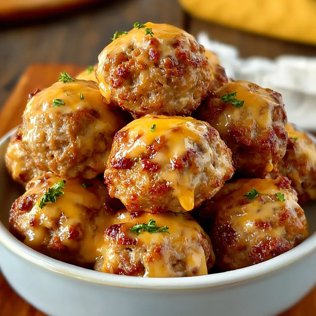 A bowl of meatballs with cheese on top.