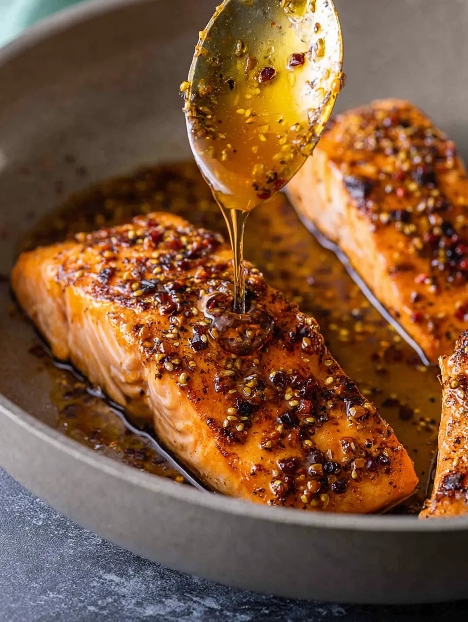 A pan of fish with a spoon of sauce on top.