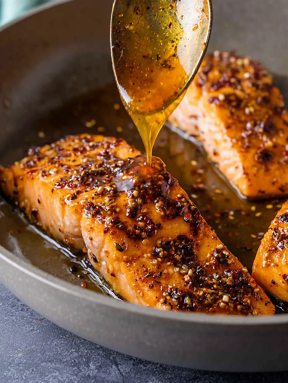 A pan of fish with a spoon of honey drizzled over it.