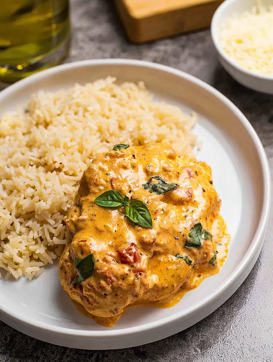 A plate of rice and chicken with green leaves on top.