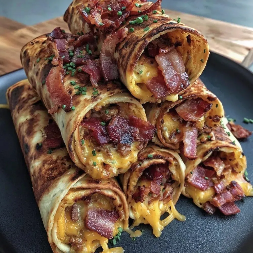 A stack of bacon wrapped sandwiches.