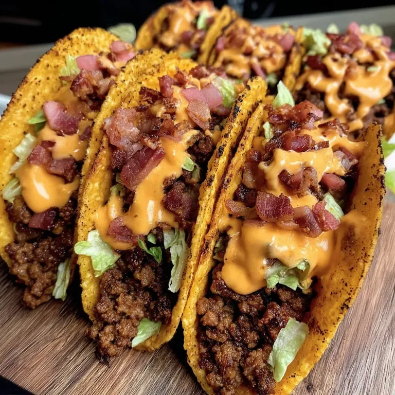 A plate of tacos with bacon and cheese.