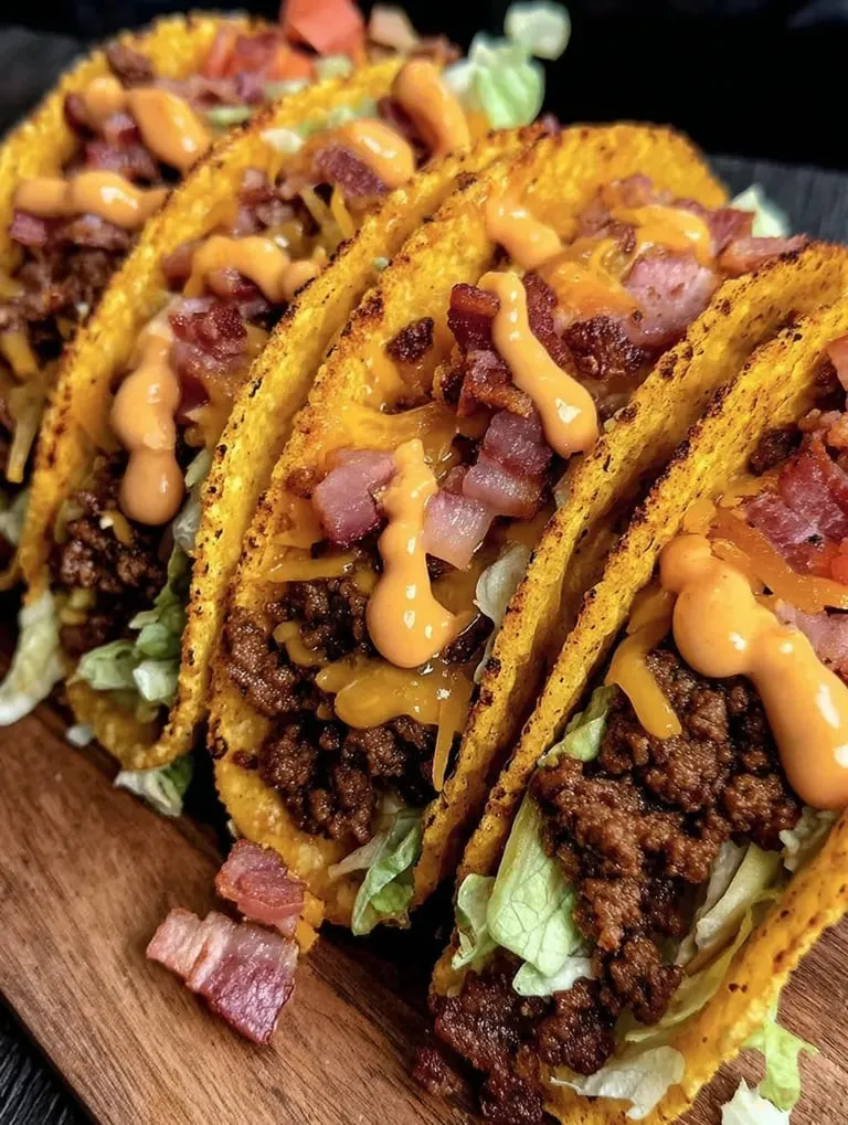 A plate of tacos with cheese and bacon.