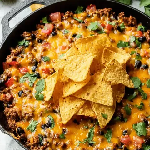 A bowl of chili with chips on top.