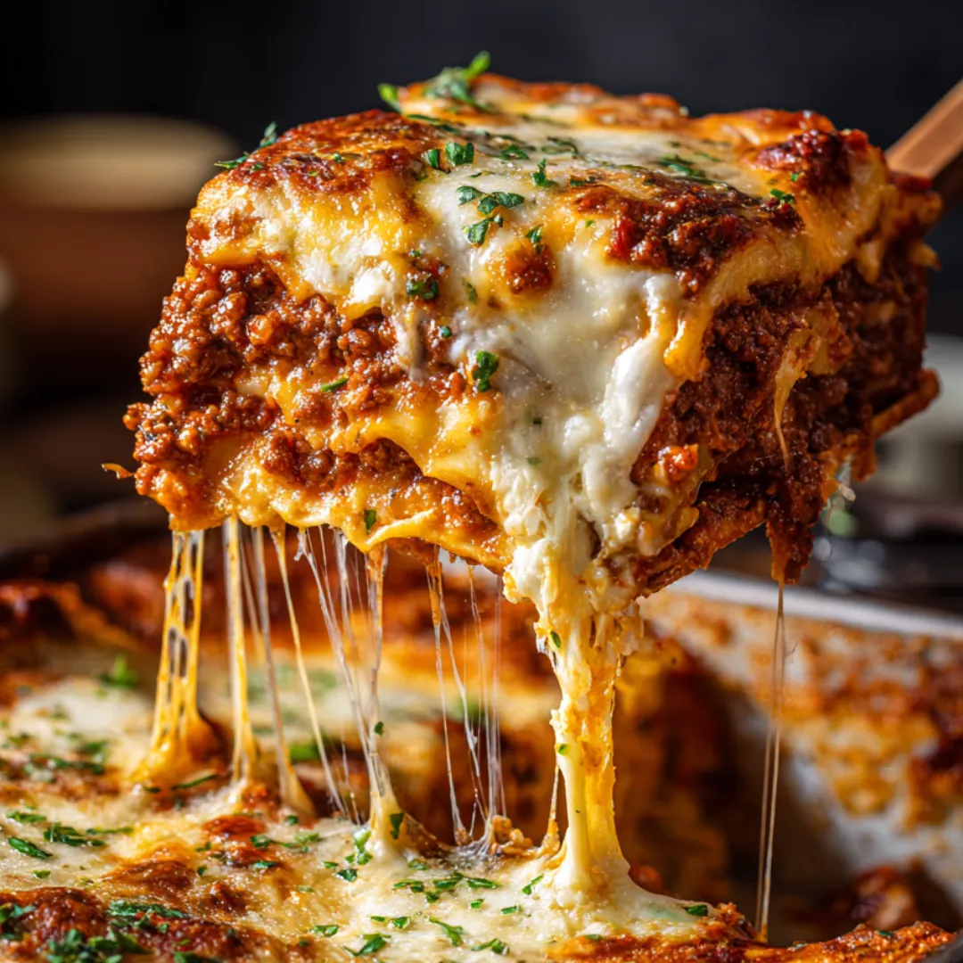 A slice of lasagna with cheese and herbs.