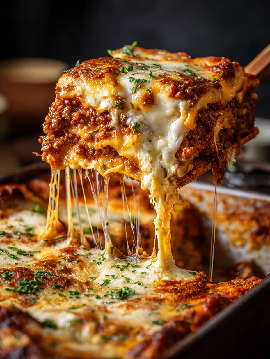A slice of lasagna with cheese and herbs.
