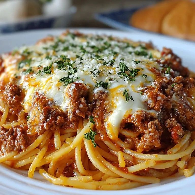 A plate of spaghetti with meat sauce.