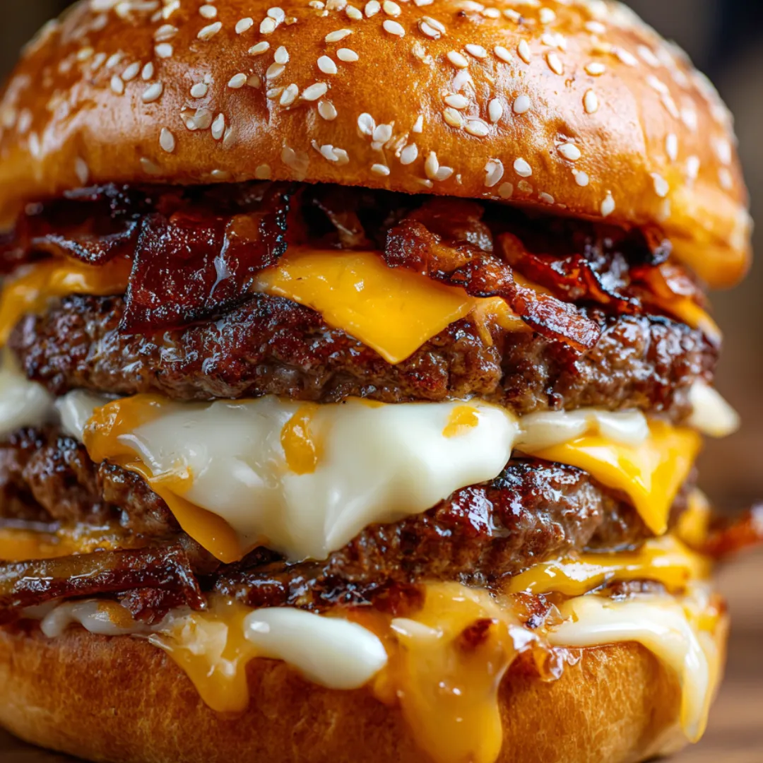 A large hamburger with cheese and bacon.