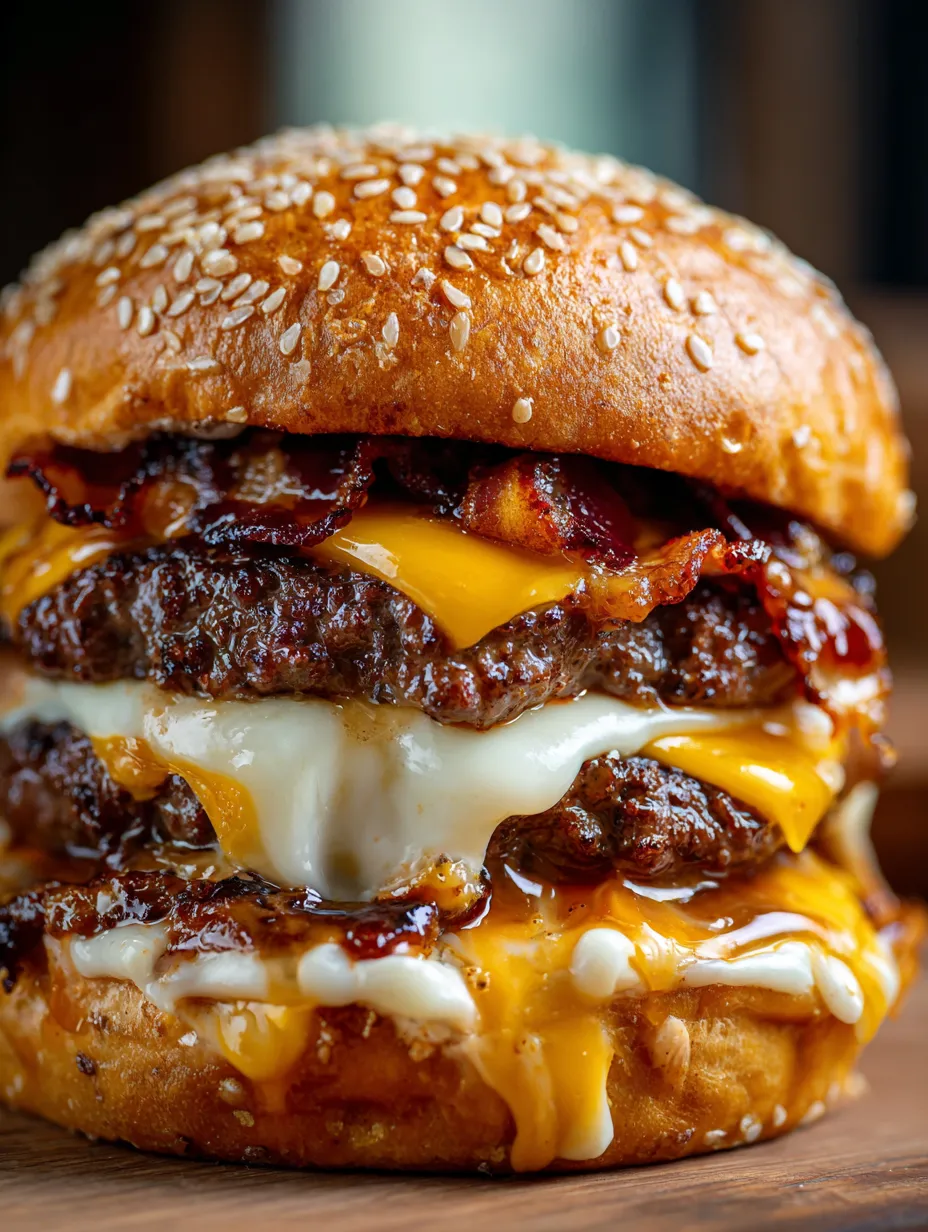 A close up of a bacon cheeseburger.