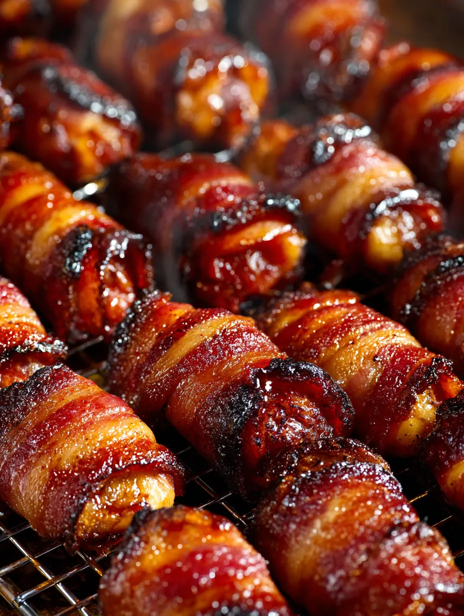 Bacon wrapped sausages on a grill.