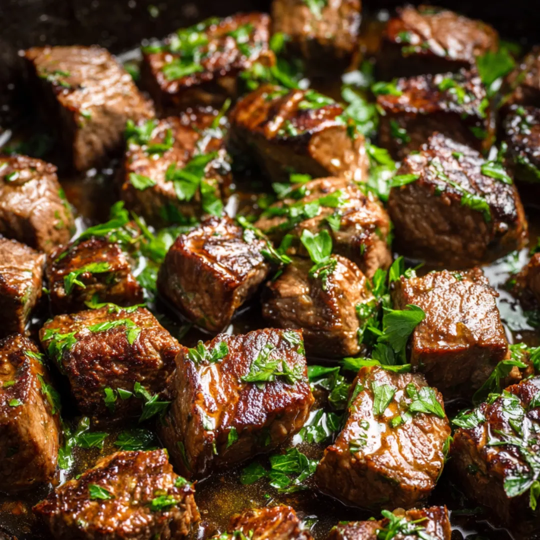 A close up of beef stew with green herbs.
