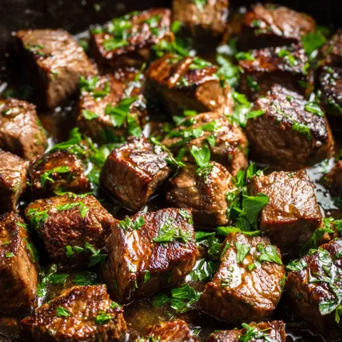 A close up of beef stew with green herbs.