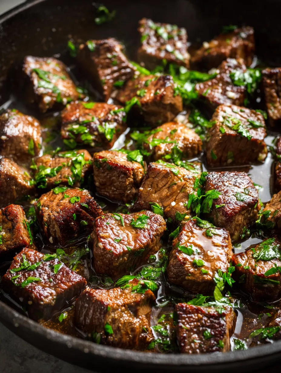 A pan of beef with green herbs.