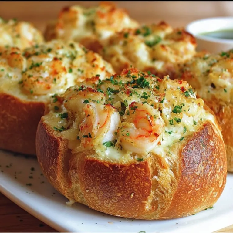 A plate of bread with shrimp on top.