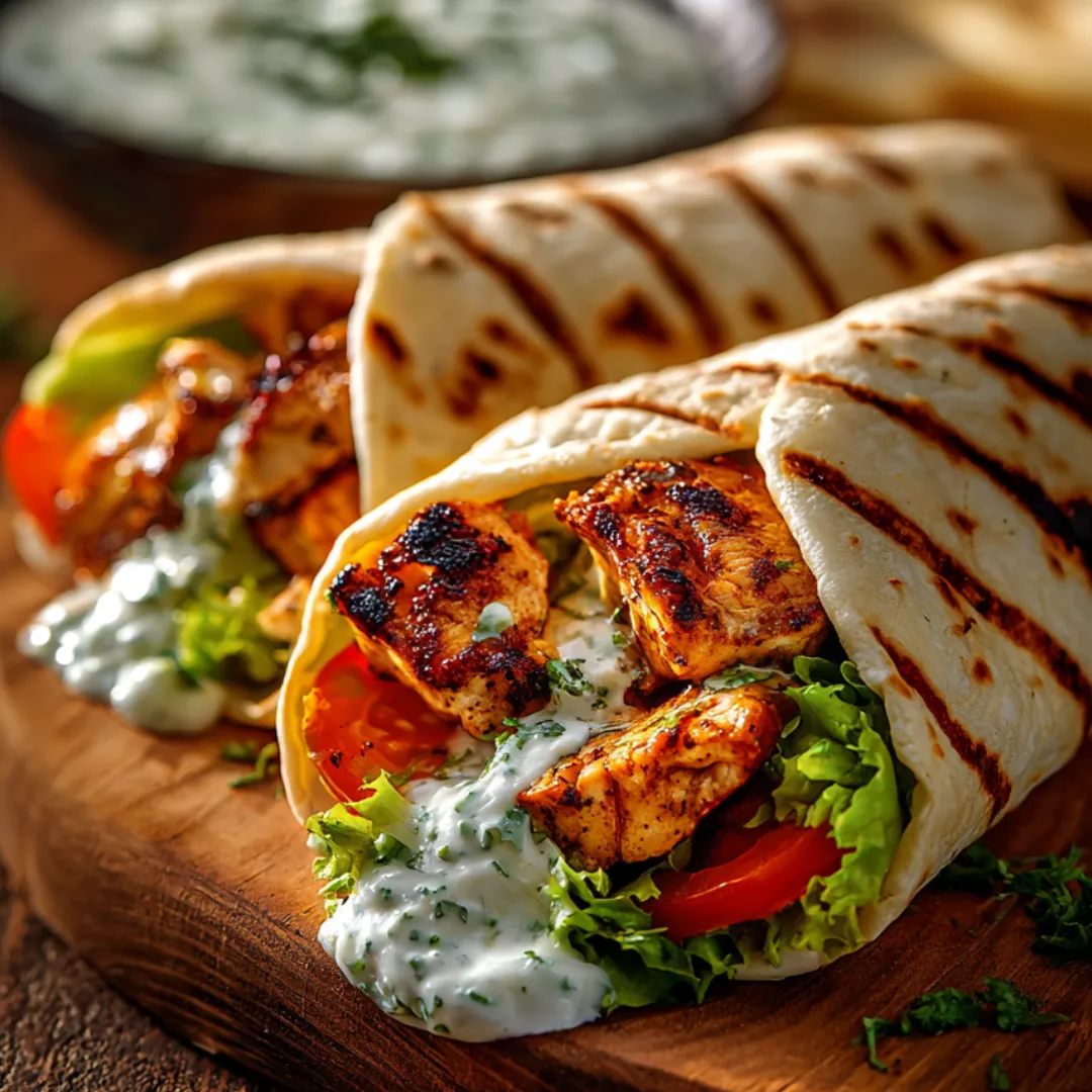 A chicken wrap with tomatoes and lettuce.