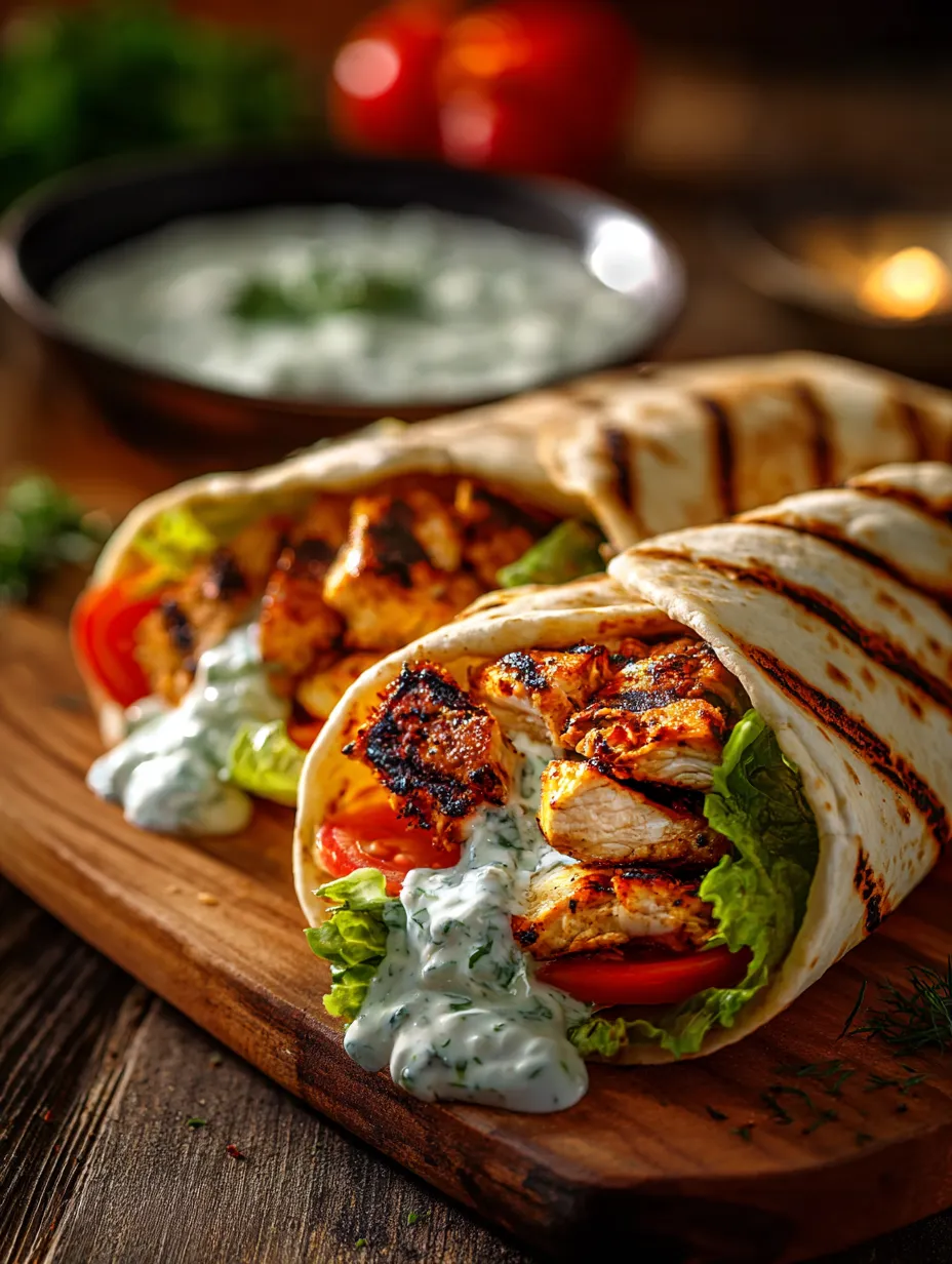 A chicken wrap with sauce and tomatoes.