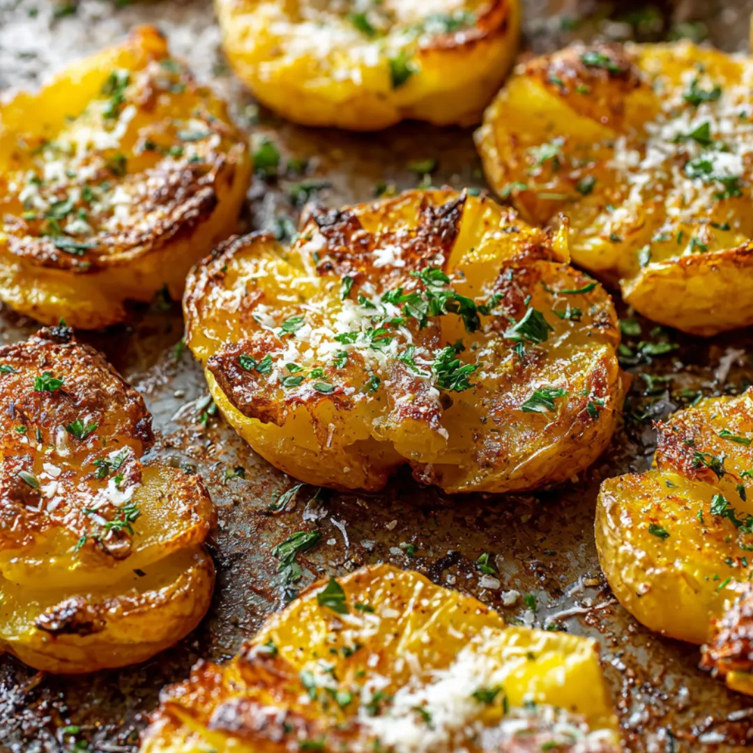 Sliced potatoes with cheese and herbs.