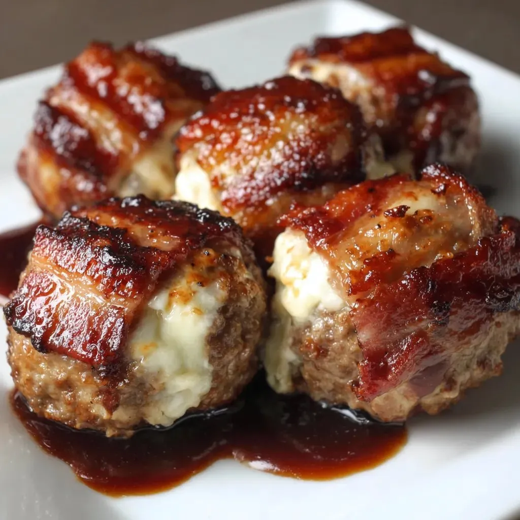 Meatballs with cheese and bacon on a white plate.