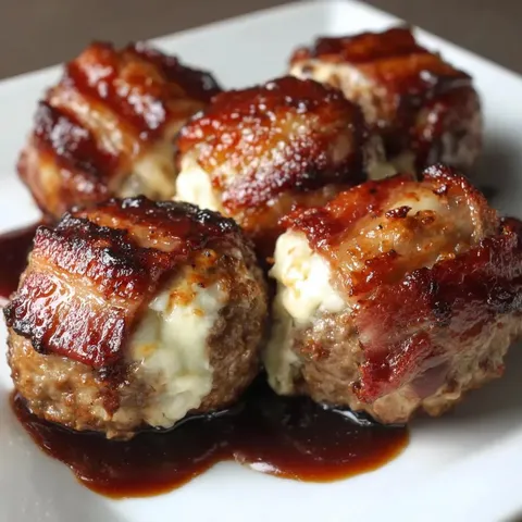 Meatballs with cheese and bacon on a white plate.