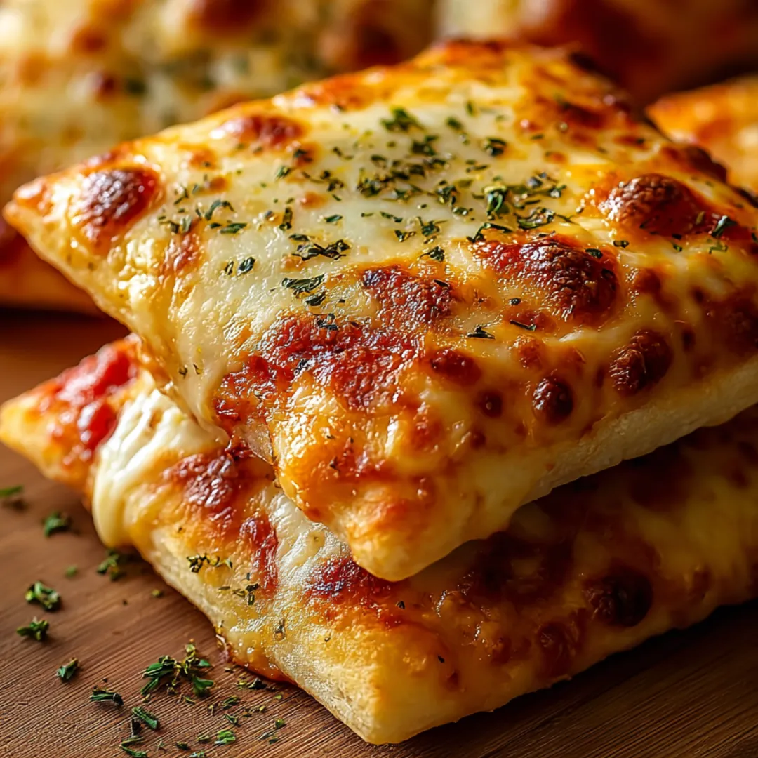 A stack of pizza slices on a wooden table.