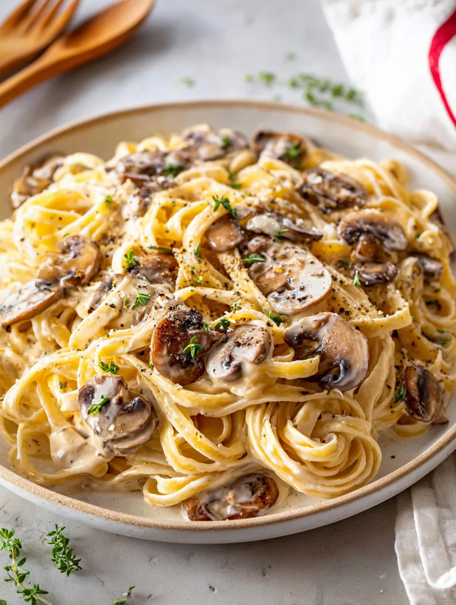 A plate of pasta with mushrooms on top.