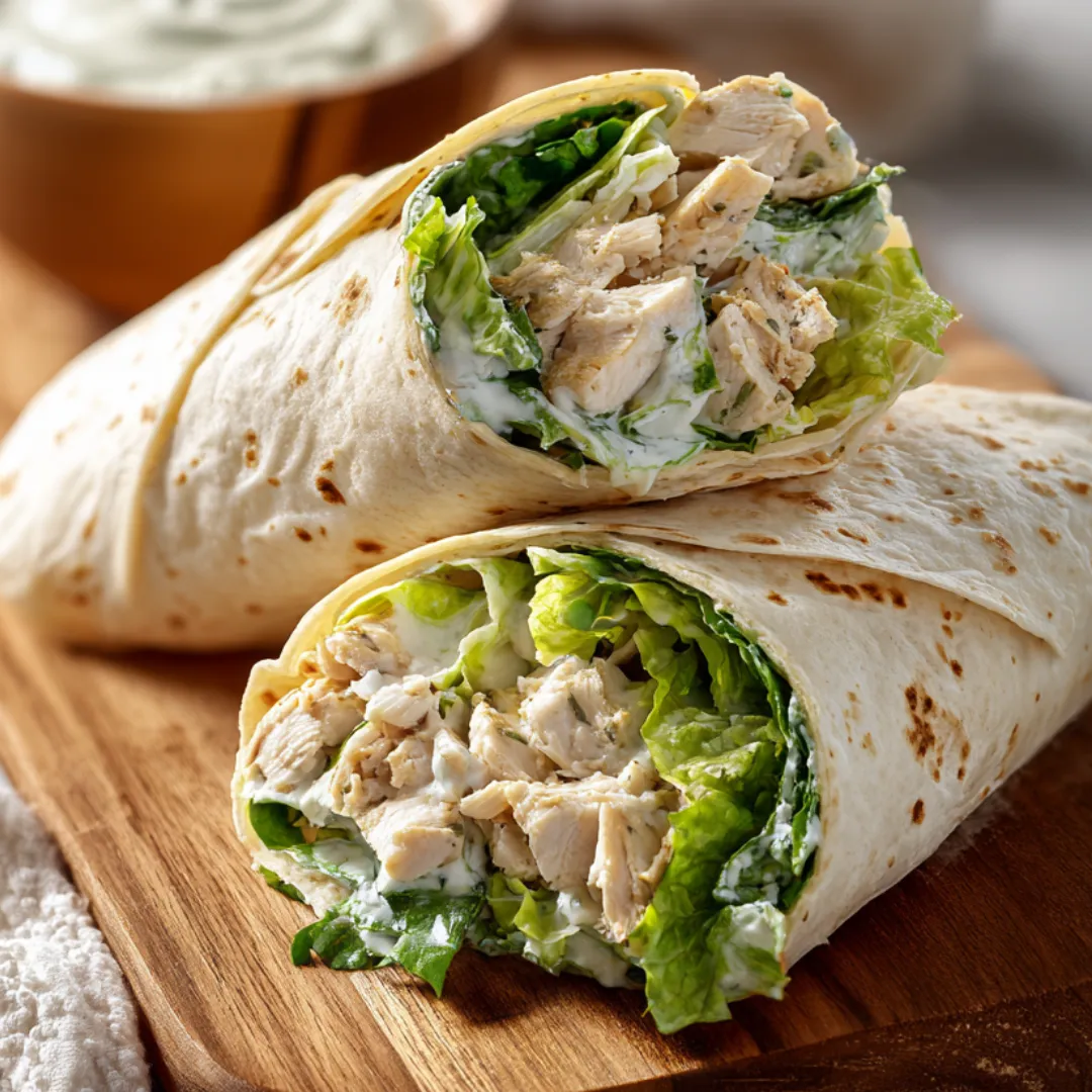 Two chicken wraps on a wooden cutting board.