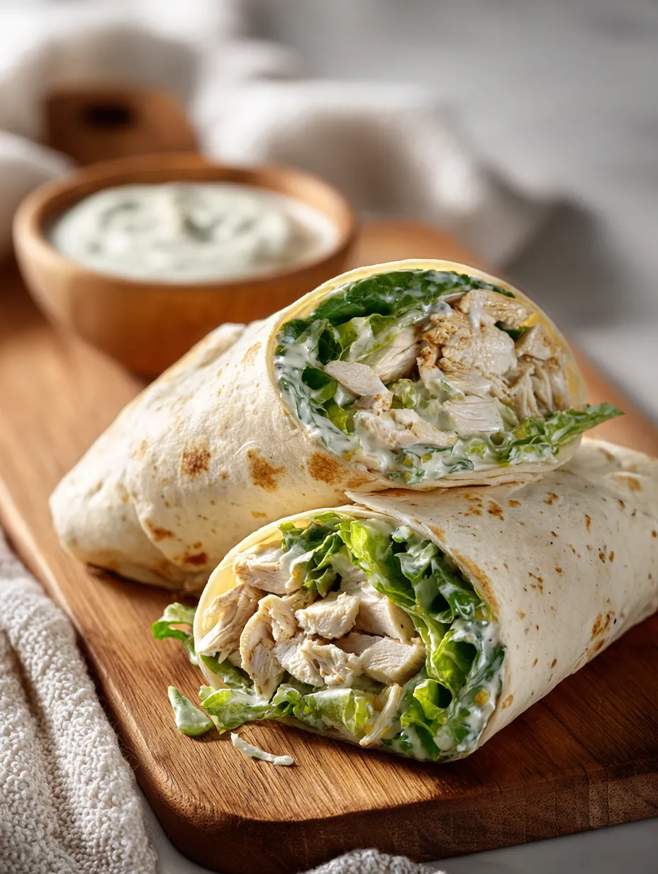 A chicken wrap on a wooden board.