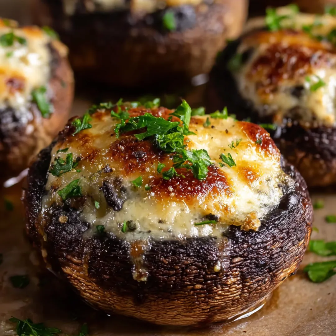 Mushrooms with cheese and herbs on top.