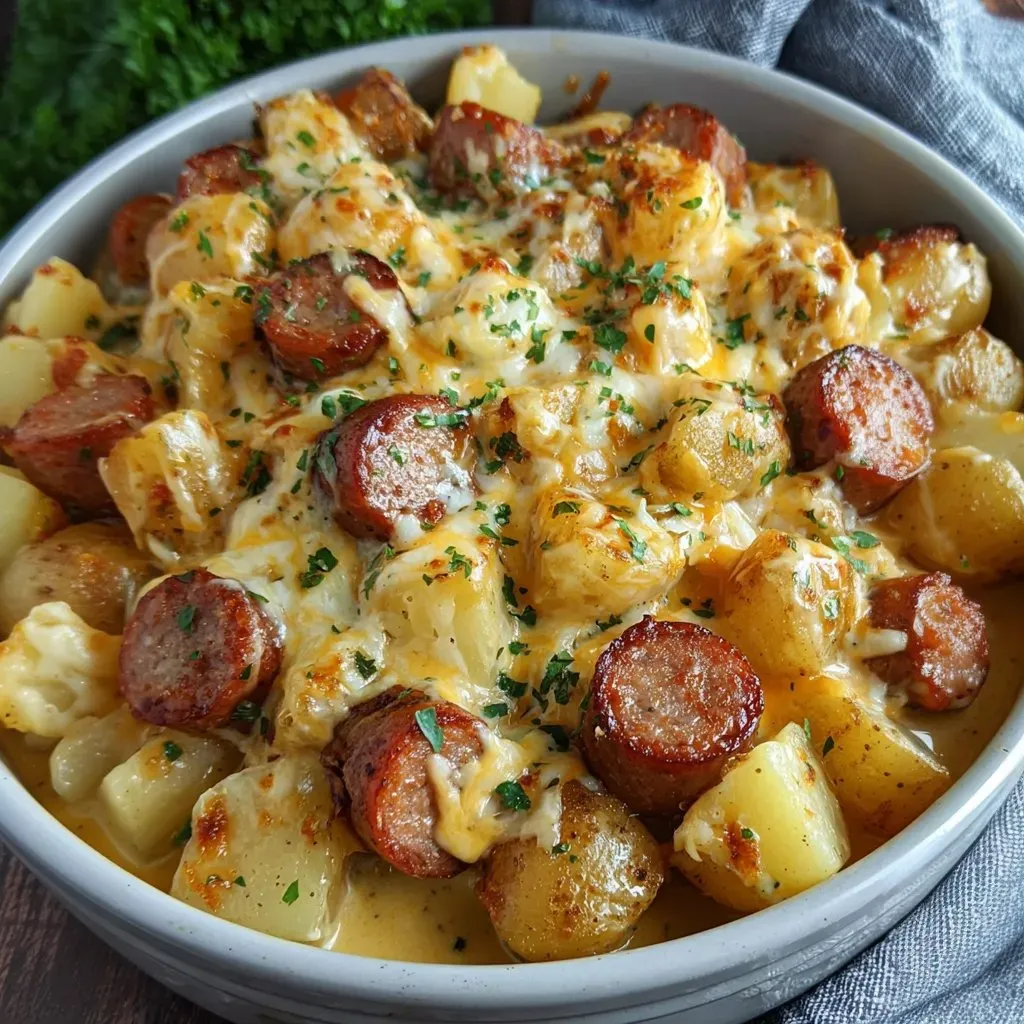 A bowl of food with sausage and potatoes.