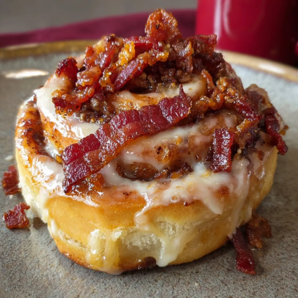 A glazed donut with bacon wrapped around it.