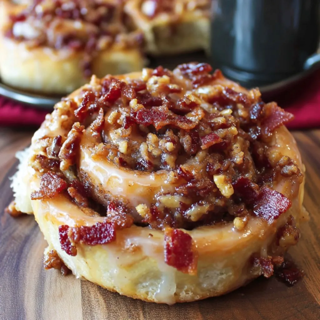 A glazed doughnut with bacon on top.